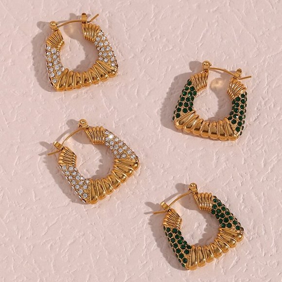 Zircon Chunky Square 18K Gold Plated Hoop Earrings Stainless Steel - Picture 11 of 13